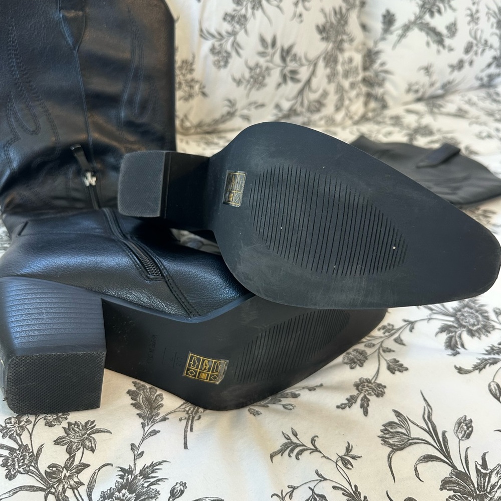 Black Knee High Western Cowboy Boots Flame Stitch Embroidery Zip Pointed Toe 7 - Picture 4 of 4